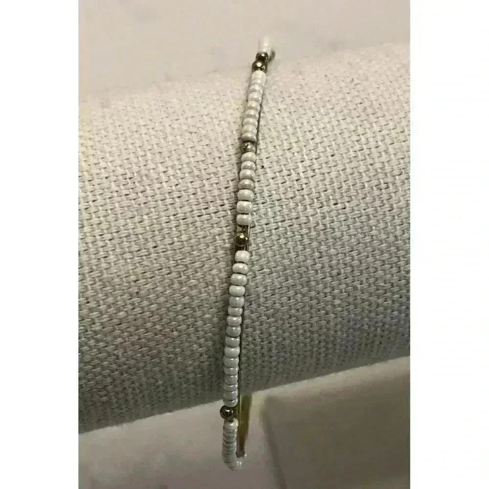 White Seed Bead Gold Tone Bangle Bracelet Minimalist Boho‎ Stackable 8 Inch